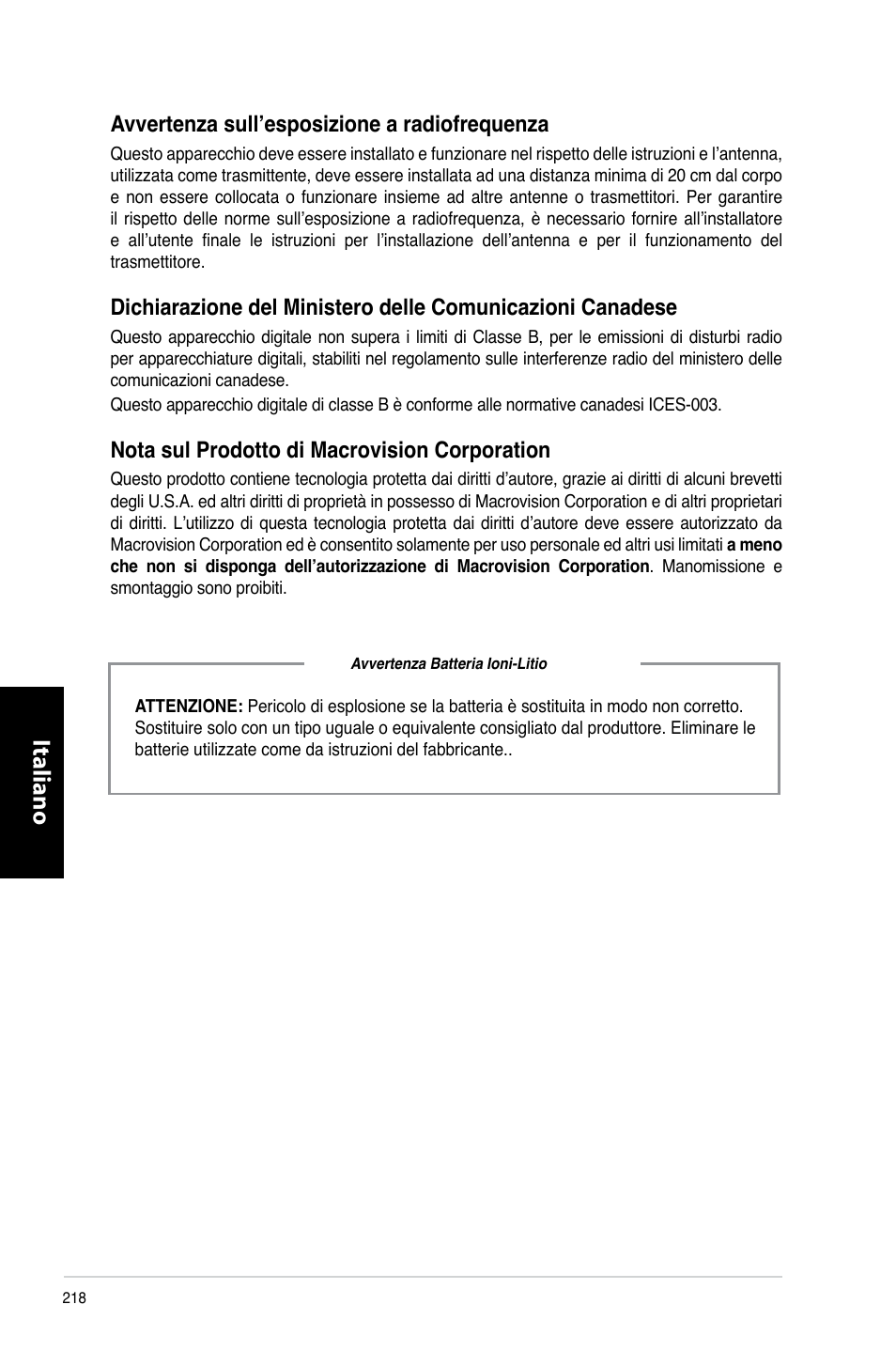 Italiano, Avvertenza sull’esposizione a radiofrequenza, Nota sul prodotto di macrovision corporation | Asus CM6870 User Manual | Page 220 / 494