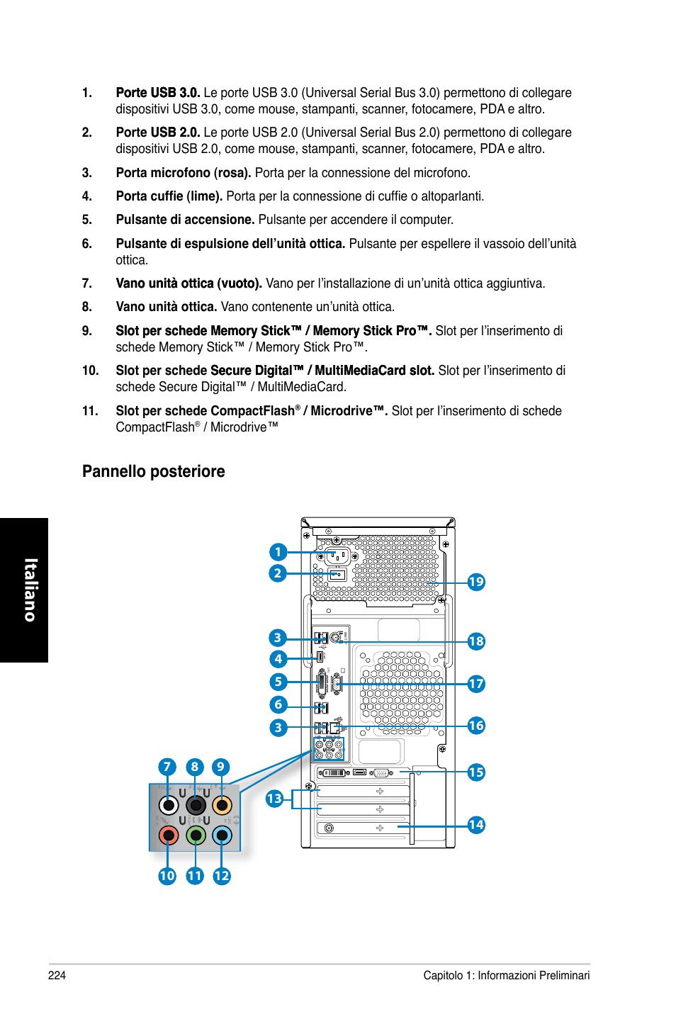Italiano, Pannello posteriore | Asus CM6870 User Manual | Page 226 / 494