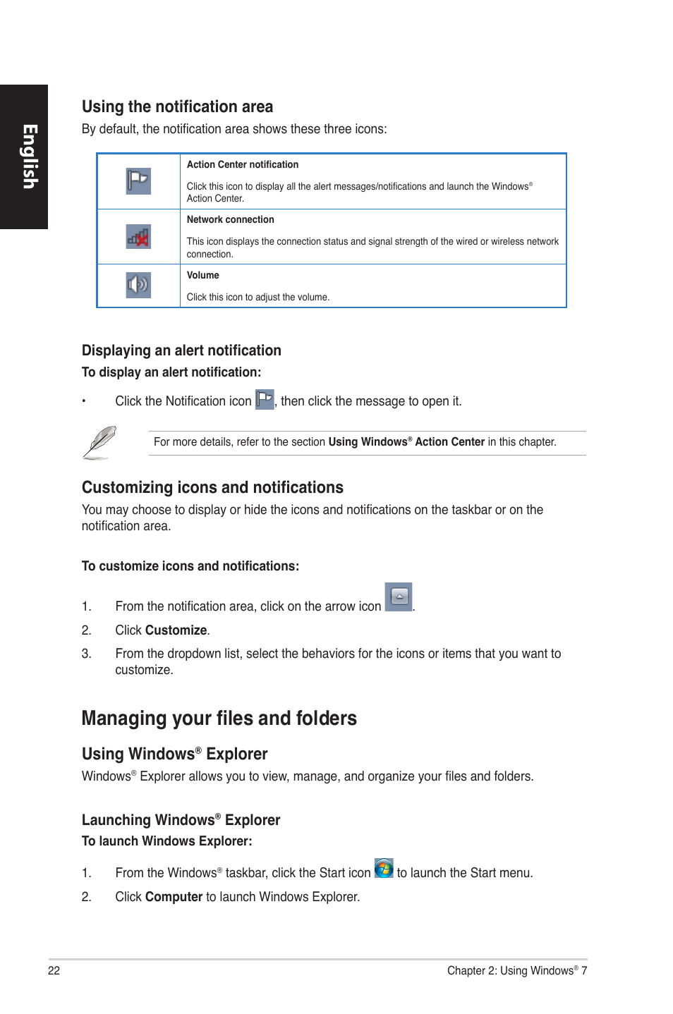 Managing your files and folders, English, Using the notification area | Customizing icons and notifications, Using.windows, Explorer | Asus CM6870 User Manual | Page 24 / 494