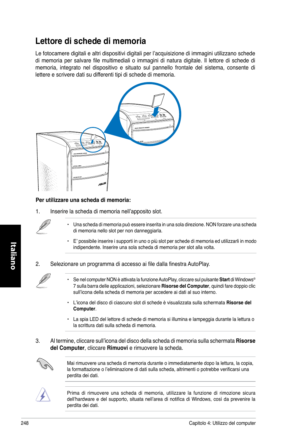 Lettore di schede di memoria, Italiano | Asus CM6870 User Manual | Page 250 / 494