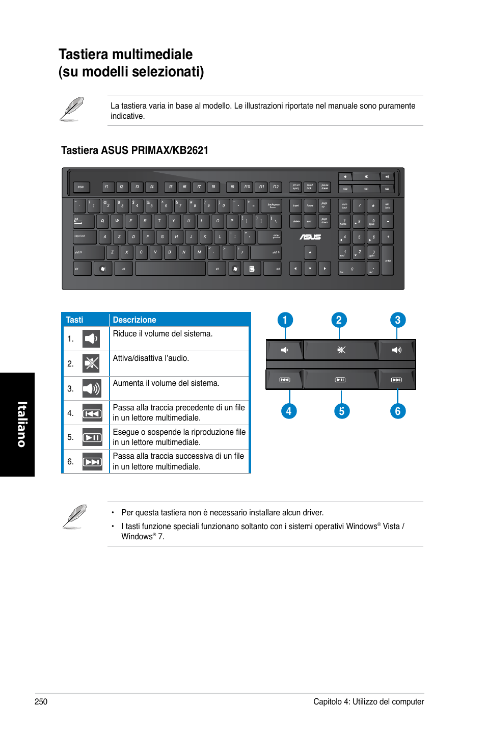 Tastiera multimediale (su modelli selezionati), Tastiera multimediale �su modelli selezionati, Italiano | Asus CM6870 User Manual | Page 252 / 494