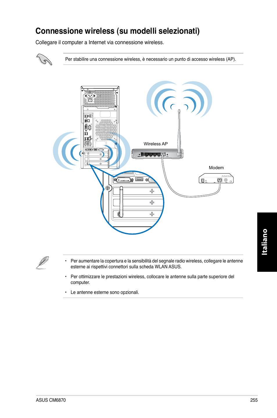 Connessione wireless (su modelli selezionati), Connessione wireless �su modelli selezionati, Italiano | Asus CM6870 User Manual | Page 257 / 494