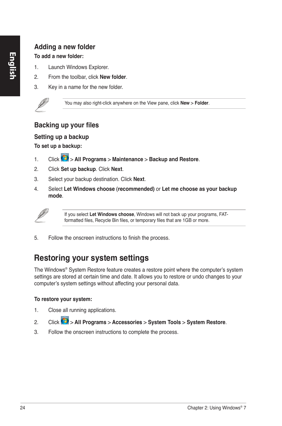 Restoring your system settings, English, Restoring.your.system.settings | Adding.a.new.folder, Backing up your files | Asus CM6870 User Manual | Page 26 / 494