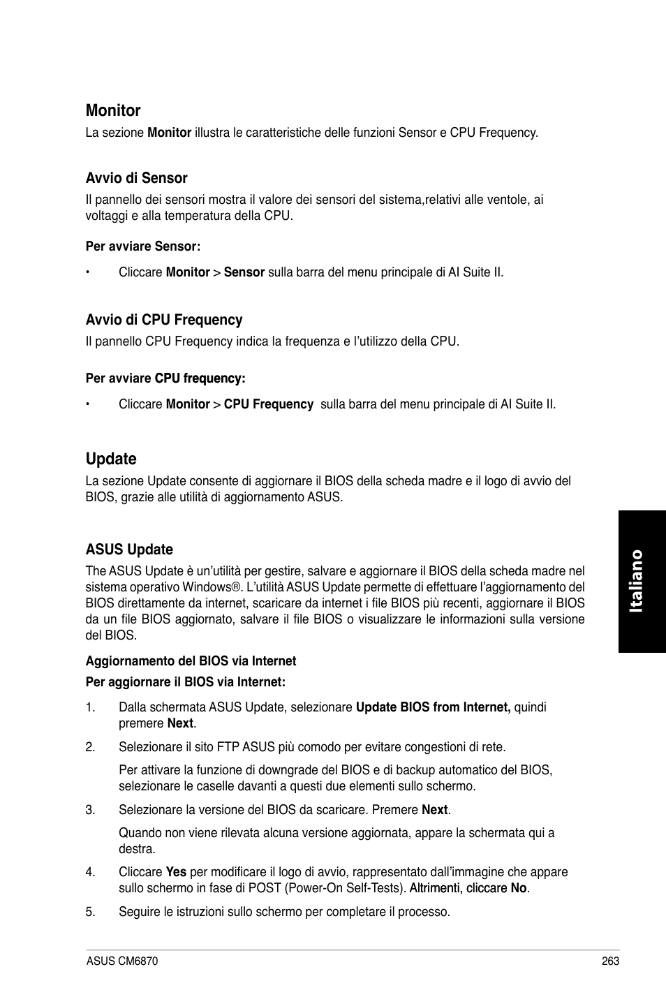 Italiano, Monitor, Update | Asus CM6870 User Manual | Page 265 / 494