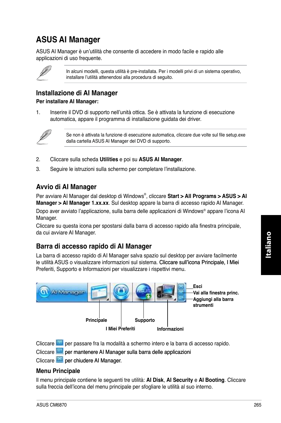 Asus ai manager, Italiano, Installazione di ai manager | Avvio di ai manager, Barra di accesso rapido di ai manager | Asus CM6870 User Manual | Page 267 / 494