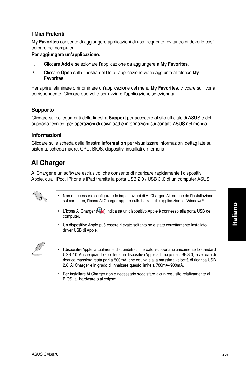 Ai charger, Italiano | Asus CM6870 User Manual | Page 269 / 494