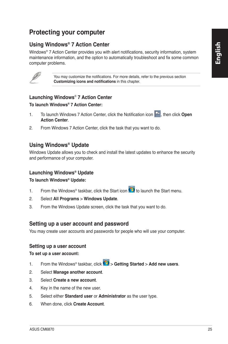 Protecting your computer, English, Using.windows | Action.center, Update | Asus CM6870 User Manual | Page 27 / 494