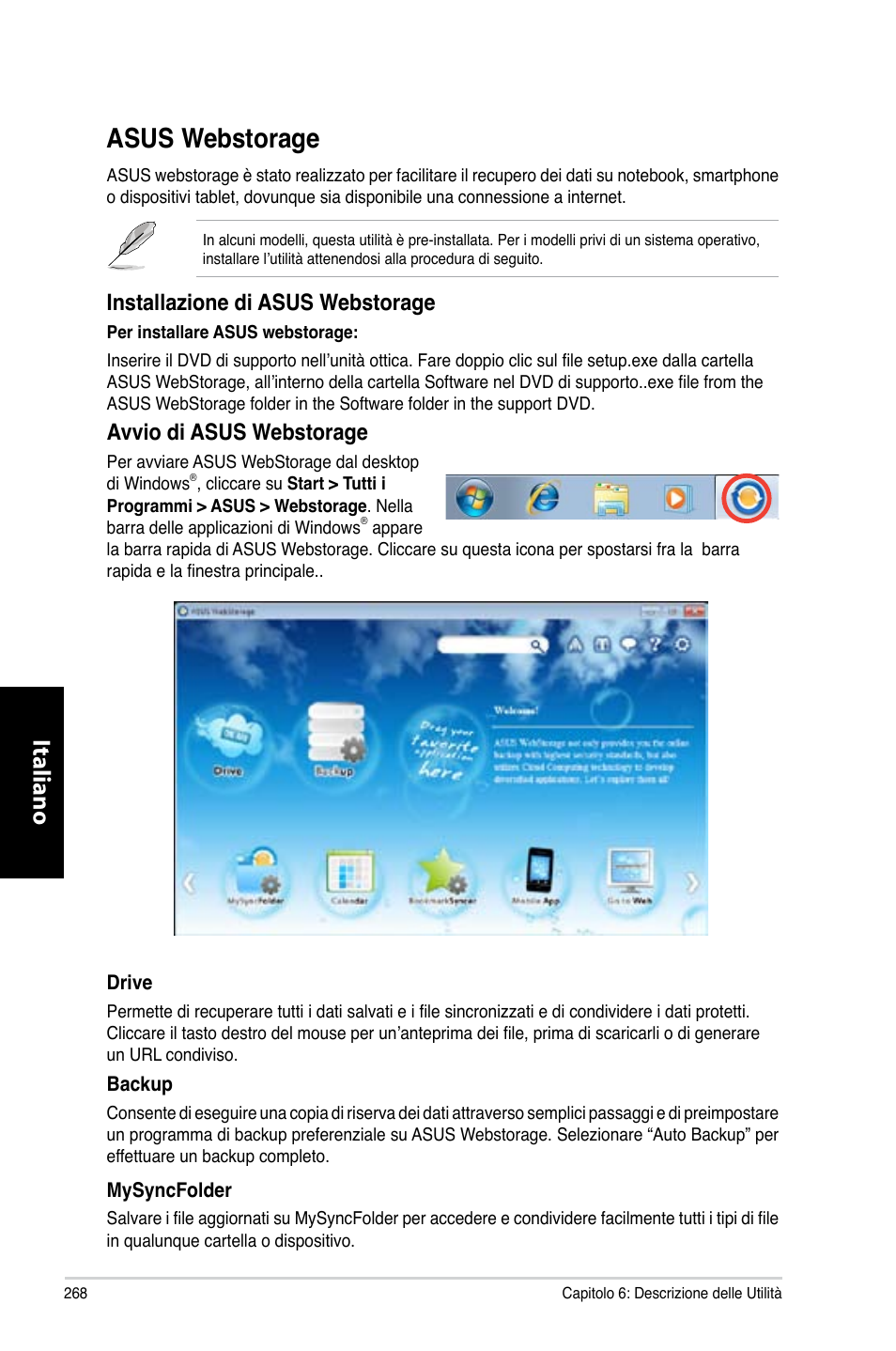 Asus webstorage, Italiano, Installazione di asus webstorage | Avvio di asus webstorage | Asus CM6870 User Manual | Page 270 / 494