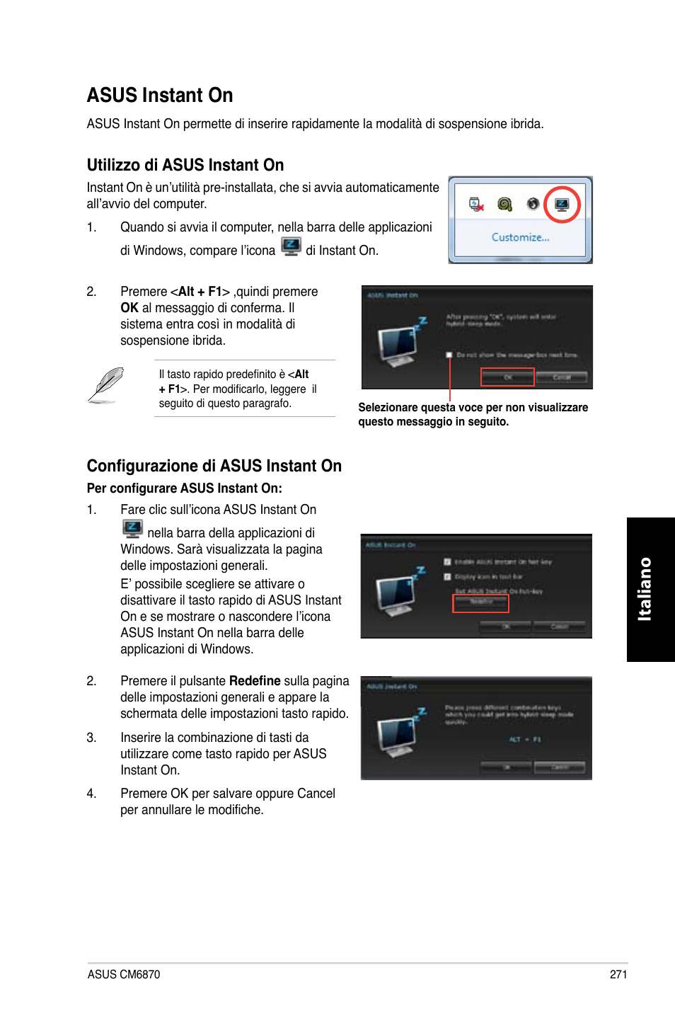 Asus instant on, Italiano, Utilizzo di asus instant on | G����z����� ��� ����� �i������ �o | Asus CM6870 User Manual | Page 273 / 494