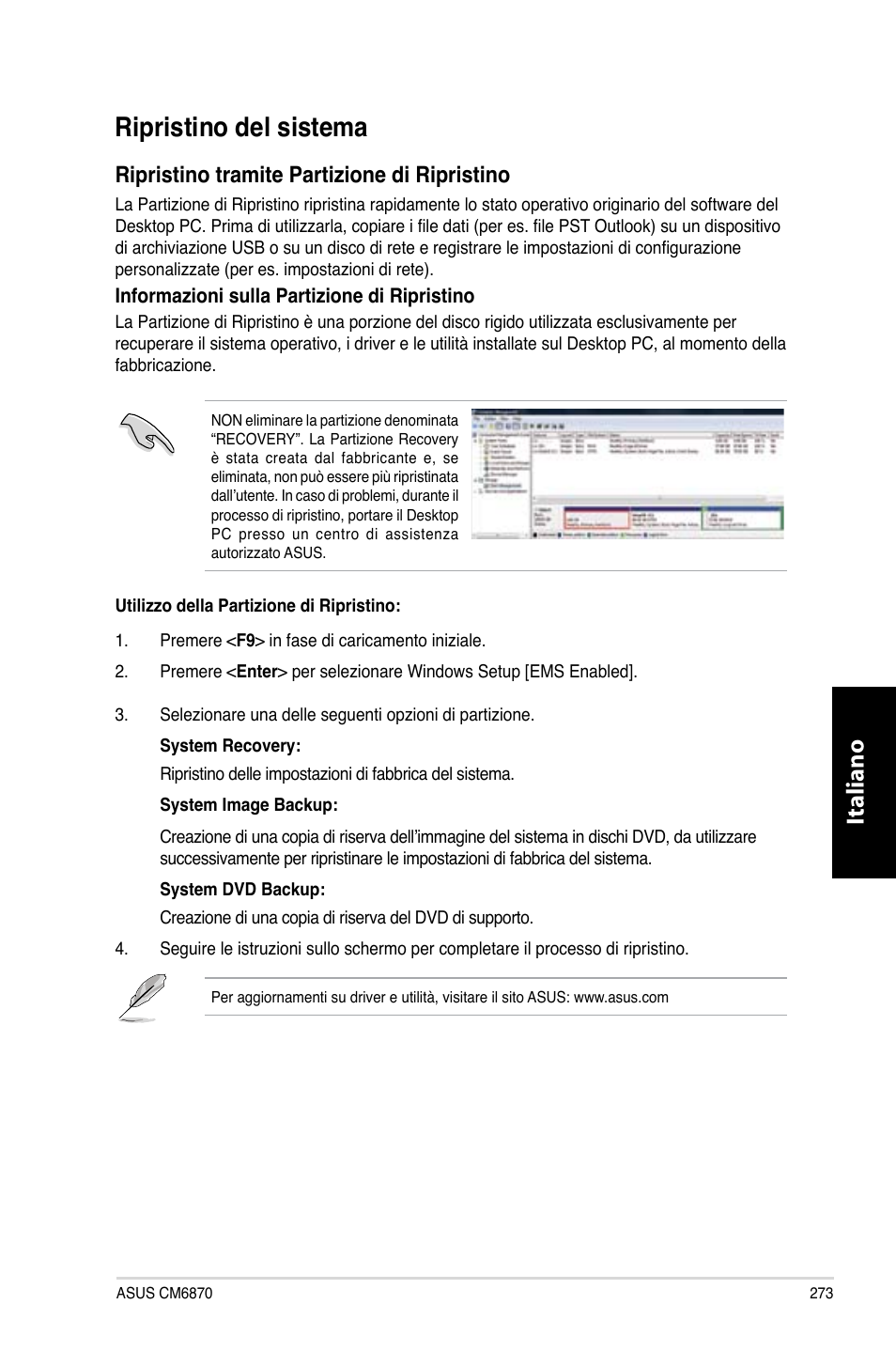 Ripristino del sistema, Italiano, Ripristino tramite partizione di ripristino | Asus CM6870 User Manual | Page 275 / 494