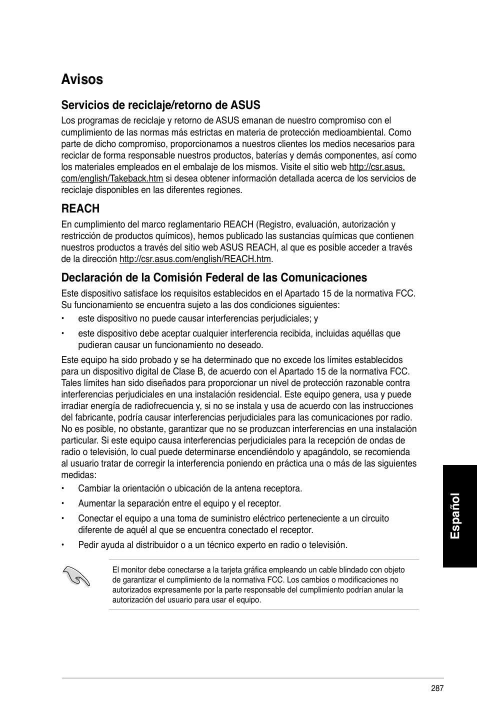 Avisos, Español, Servicios de reciclaje/retorno de asus | Reach | Asus CM6870 User Manual | Page 289 / 494