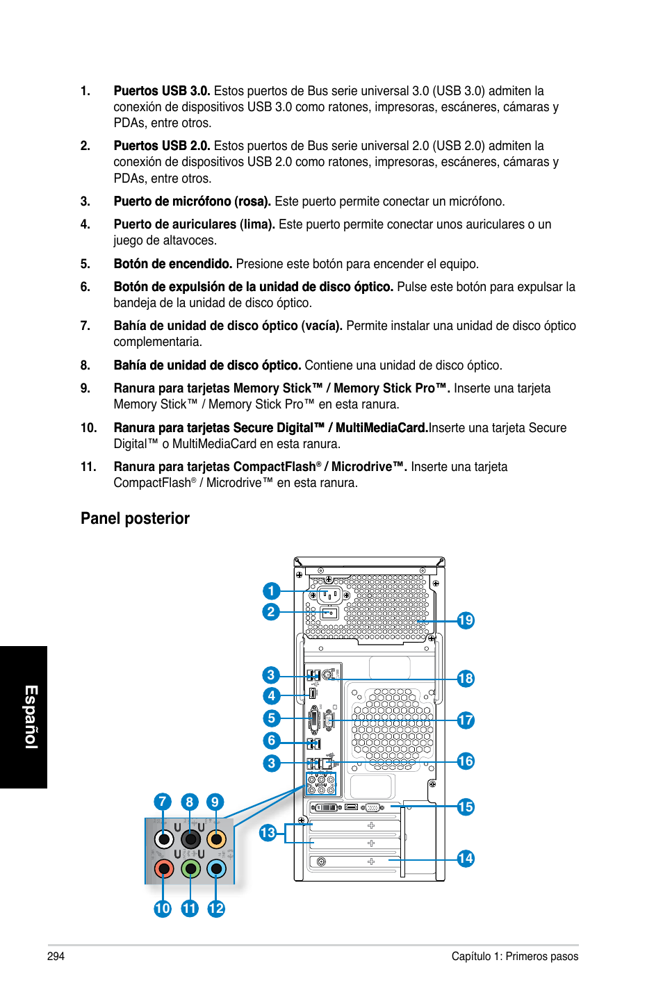 Español, Español panel posterior | Asus CM6870 User Manual | Page 296 / 494