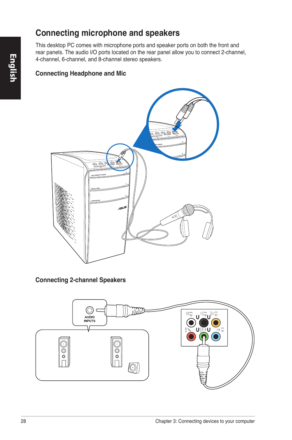 Connecting microphone and speakers, English, English connecting.microphone.and.speakers | Asus CM6870 User Manual | Page 30 / 494