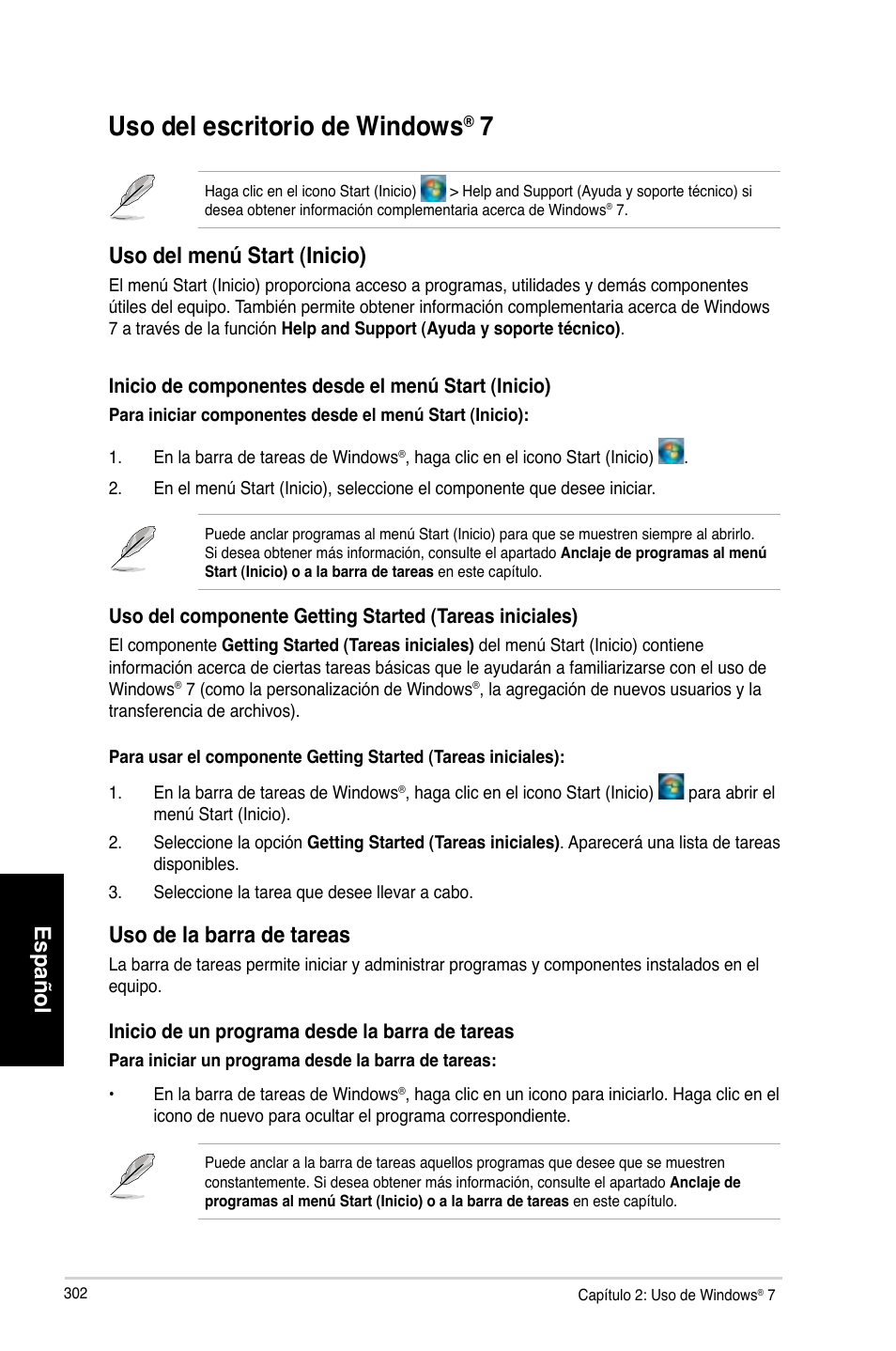 Uso del escritorio de windows® 7, Uso del escritorio de windows, Español | Uso del men� start �inicio, Uso de la barra de tareas | Asus CM6870 User Manual | Page 304 / 494