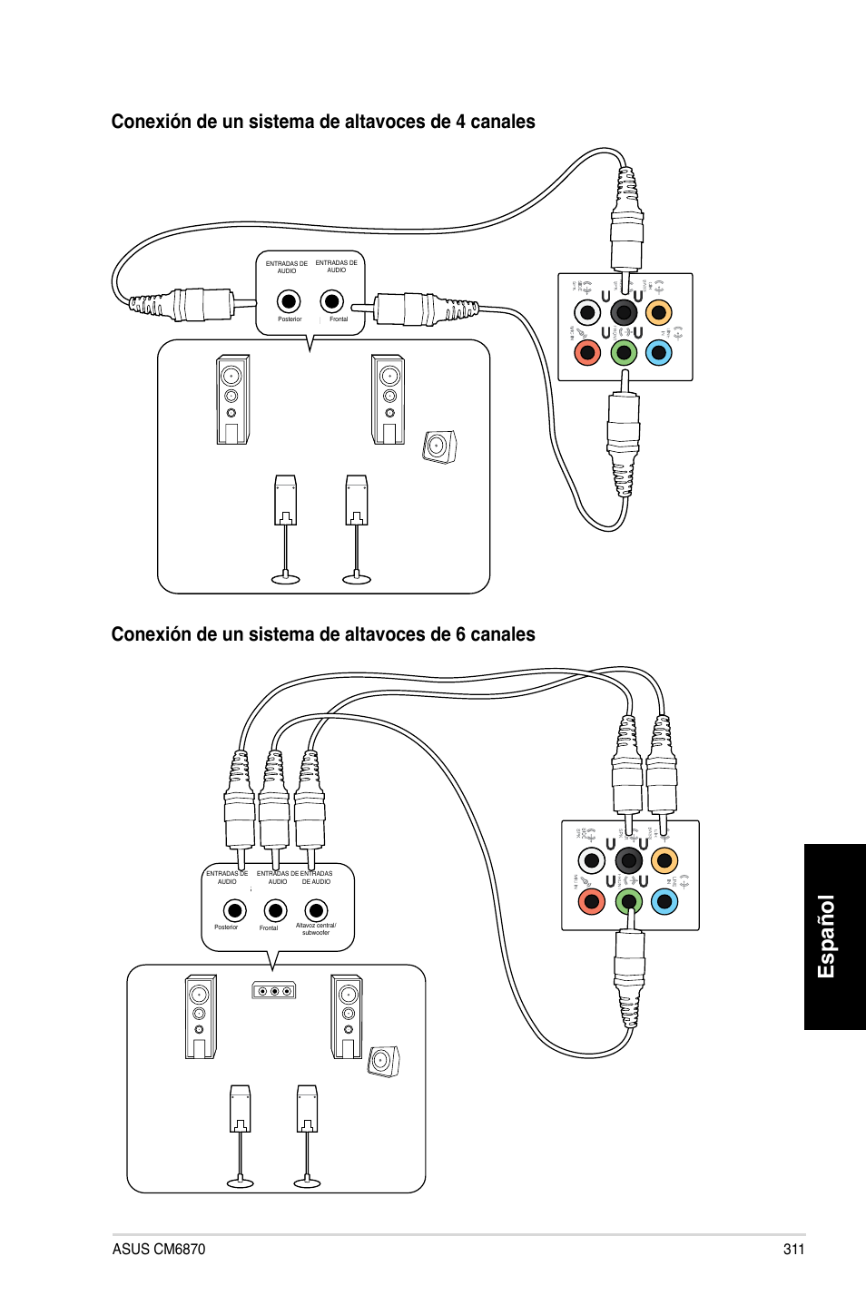 Español, Conexión de un sistema de altavoces de 4 canales, Conexión de un sistema de altavoces de 6 canales | Asus CM6870 User Manual | Page 313 / 494