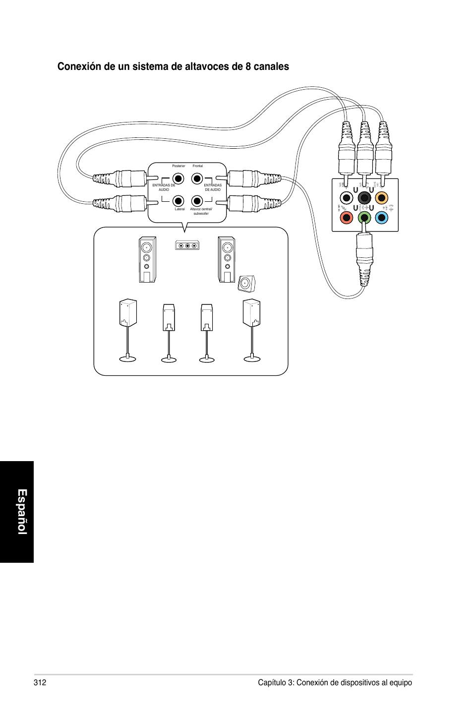 Español, Conexión de un sistema de altavoces de 8 canales | Asus CM6870 User Manual | Page 314 / 494