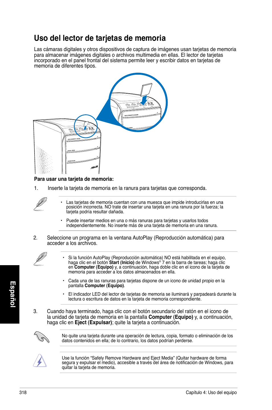 Uso del lector de tarjetas de memoria, Español | Asus CM6870 User Manual | Page 320 / 494