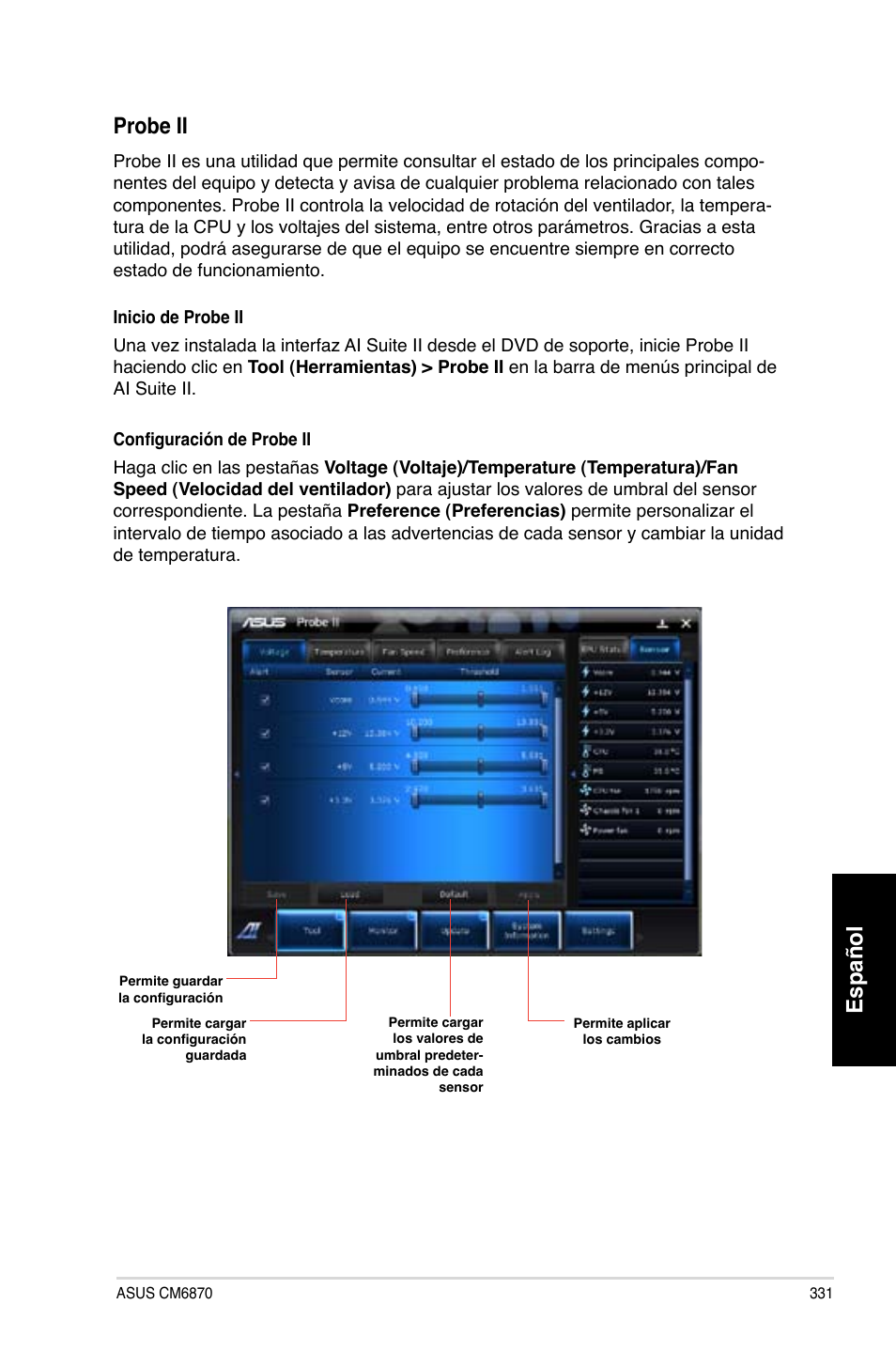 Español, Español probe ii | Asus CM6870 User Manual | Page 333 / 494