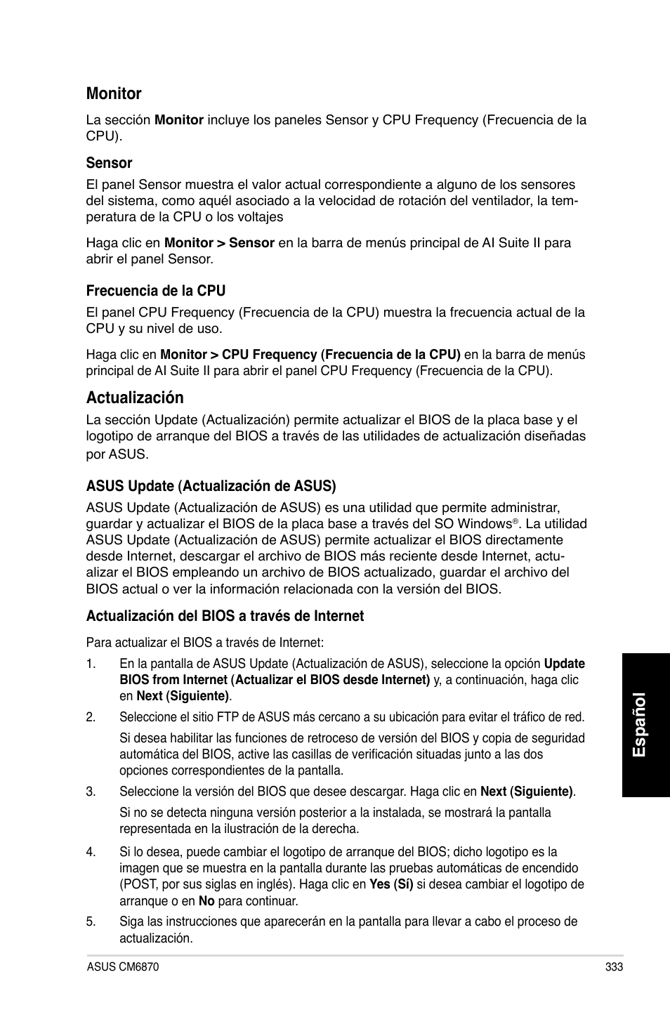 Español, Monitor, Actuali��ación | Asus CM6870 User Manual | Page 335 / 494