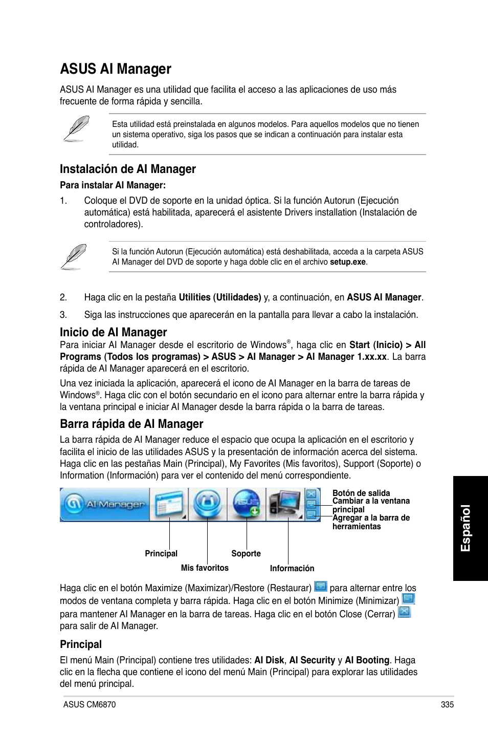 Asus ai manager, Español, Instalación de ai manager | Inicio de ai manager, Barra rápida de ai manager | Asus CM6870 User Manual | Page 337 / 494