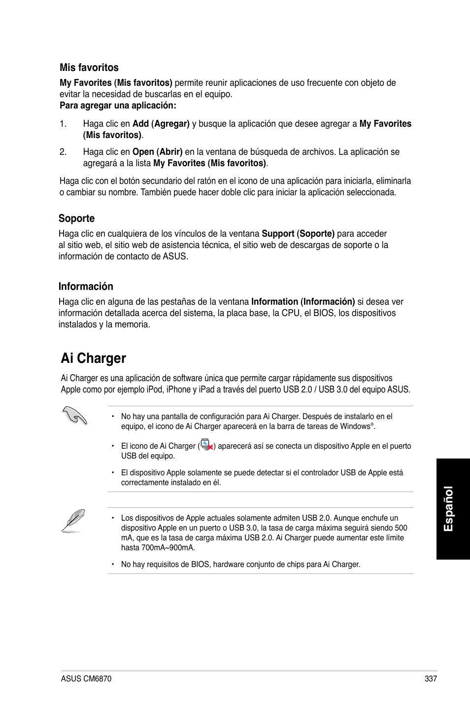Ai charger, Español | Asus CM6870 User Manual | Page 339 / 494