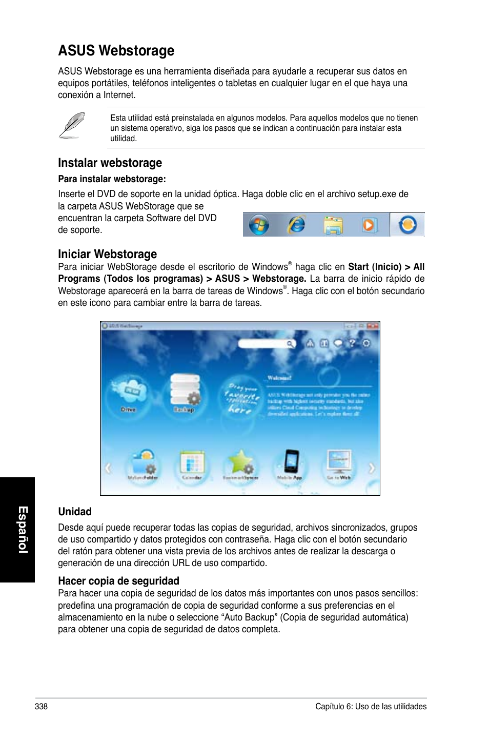 Asus webstorage, Español, Instalar webstorage | Iniciar webstorage | Asus CM6870 User Manual | Page 340 / 494