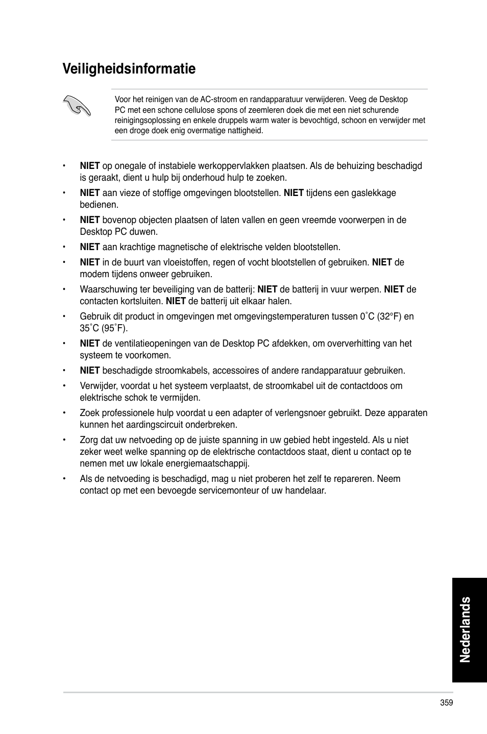 Veiligheidsinformatie, Nederlands | Asus CM6870 User Manual | Page 361 / 494