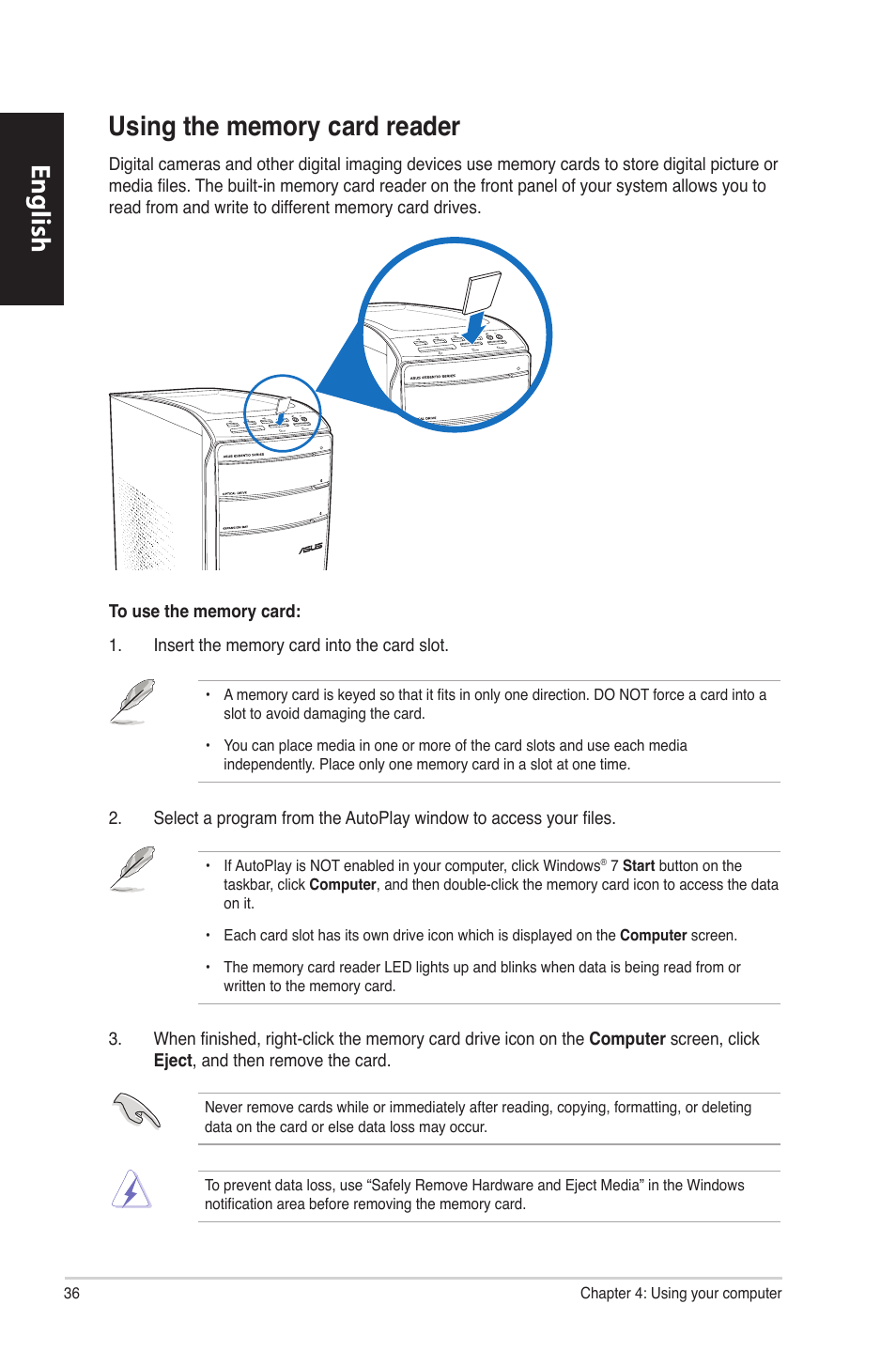 Using the memory card reader, English | Asus CM6870 User Manual | Page 38 / 494