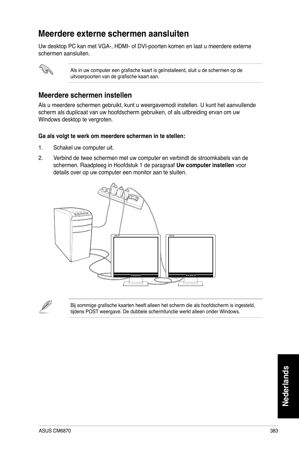 Meerdere externe schermen aansluiten, Nederlands, Meerdere schermen instellen | Asus CM6870 User Manual | Page 385 / 494
