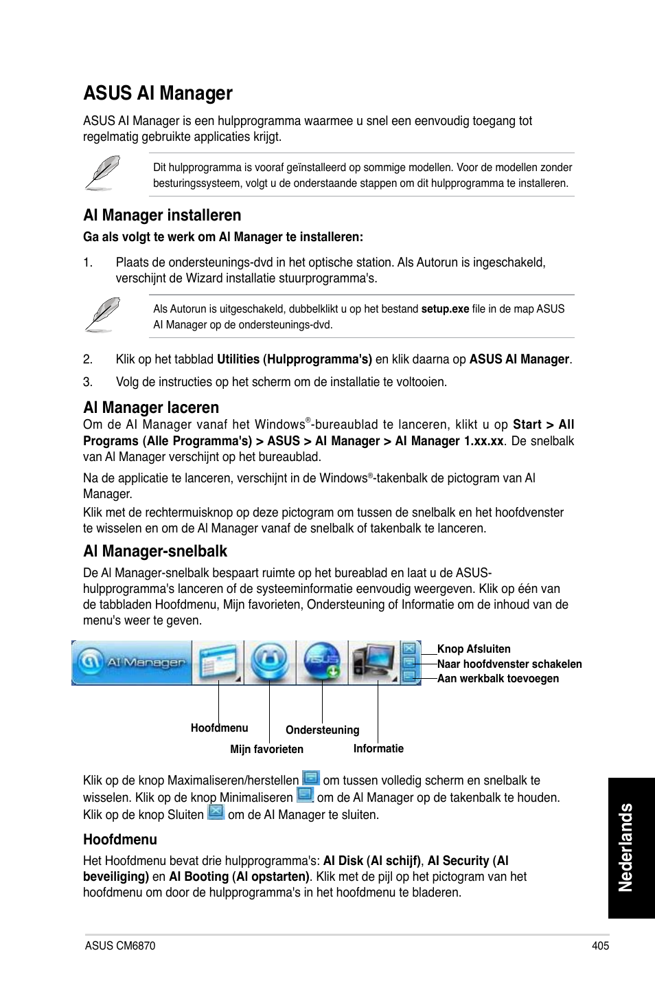Asus ai manager, Nederlands, Ai manager installeren | Al manager laceren, Al manager-snelbalk | Asus CM6870 User Manual | Page 407 / 494