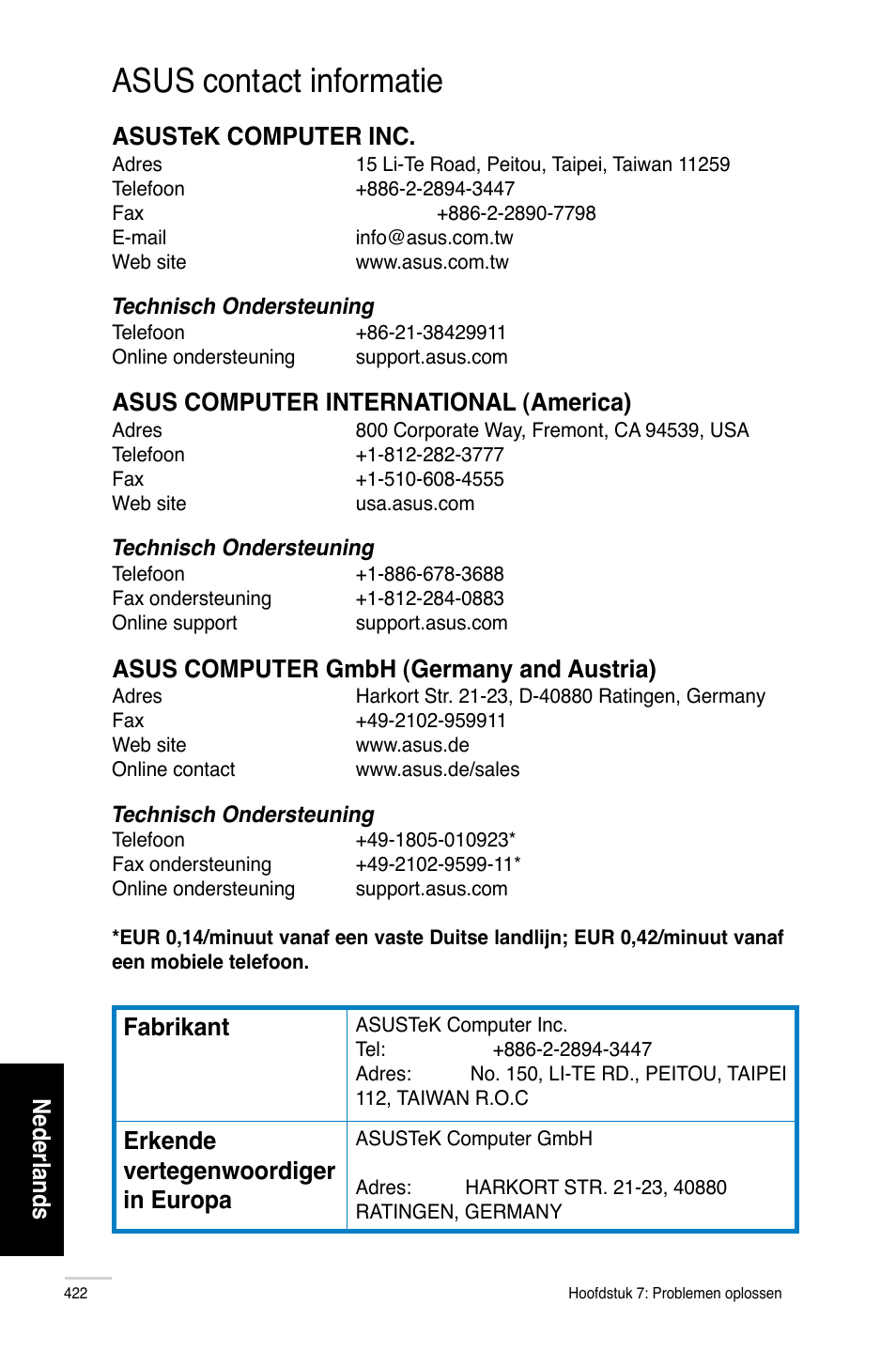 Asus contact informatie, Nederlands, Asustek computer inc | Asus computer international �america, Asus computer gmbh �germany and austria, Fabrikant, Erkende vertegenwoordiger in europa | Asus CM6870 User Manual | Page 424 / 494
