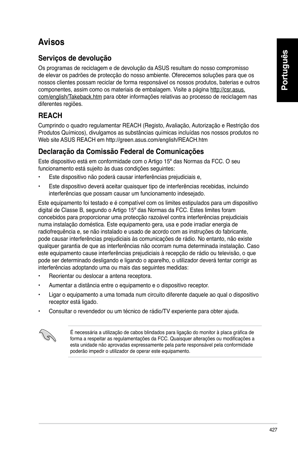 Avisos, Português, Serviços de devolução | Reach, Declaração da comissão federal de comunicações | Asus CM6870 User Manual | Page 429 / 494