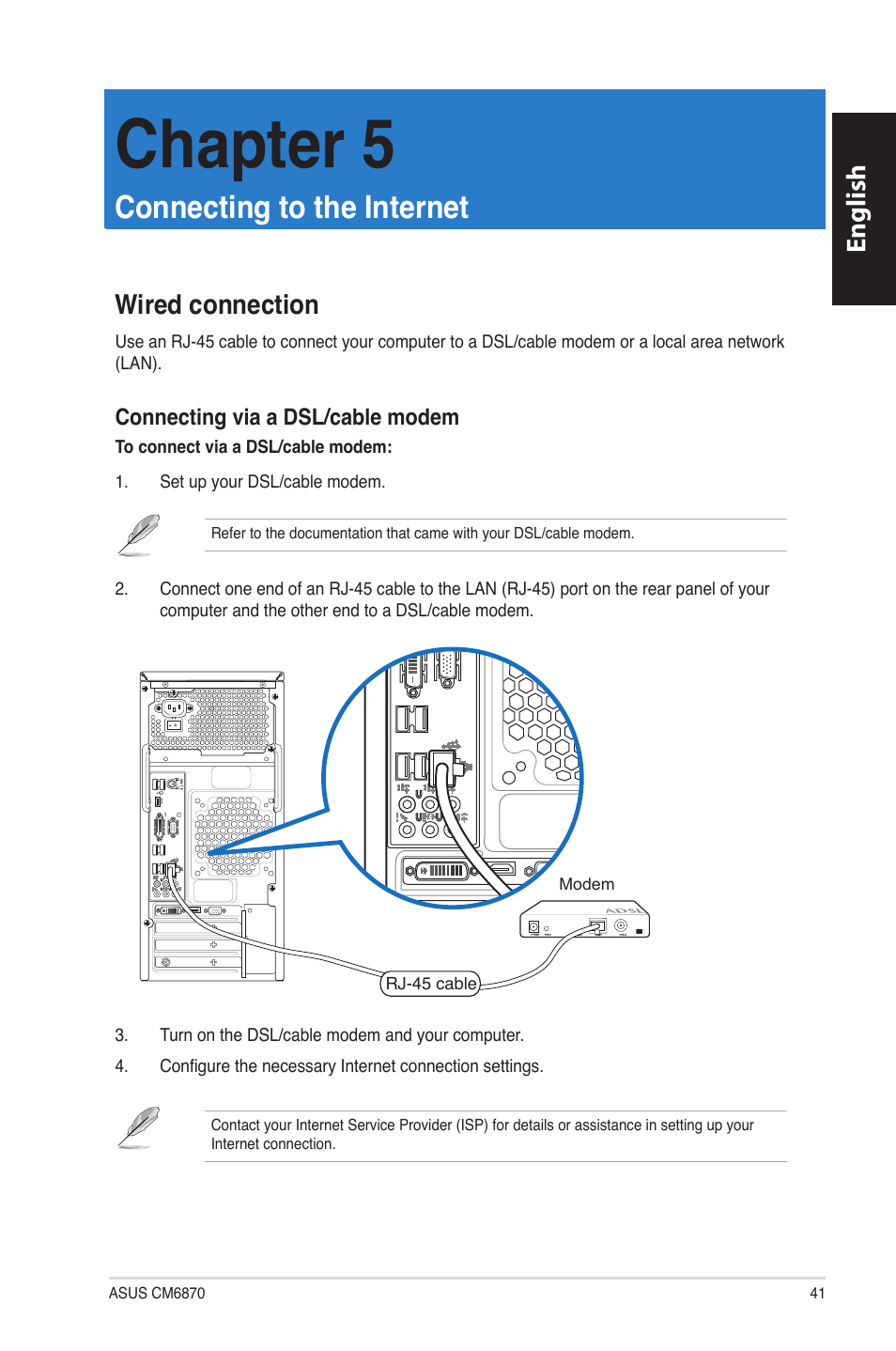Chapter 5: connecting to the internet, Wired connection, Connecting.to.the.internet | Chapter.5, English, Wired.connection | Asus CM6870 User Manual | Page 43 / 494