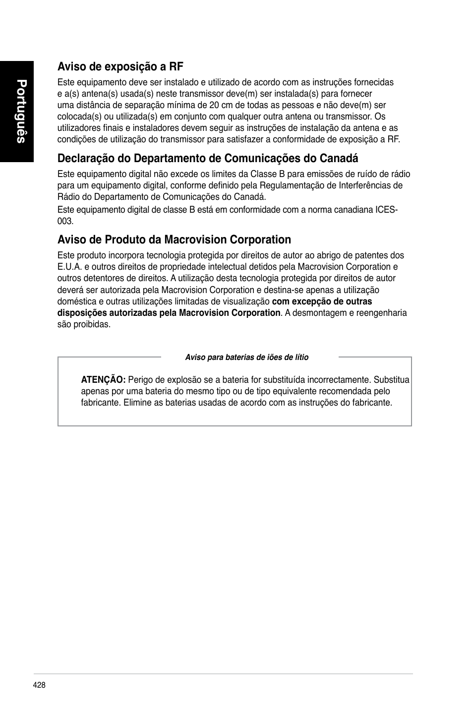 Português, Aviso de exposição a rf, Aviso de produto da macrovision corporation | Asus CM6870 User Manual | Page 430 / 494