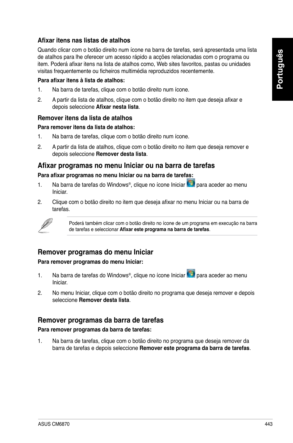 Português, Remover programas do menu iniciar, Remover programas da barra de tarefas | Asus CM6870 User Manual | Page 445 / 494