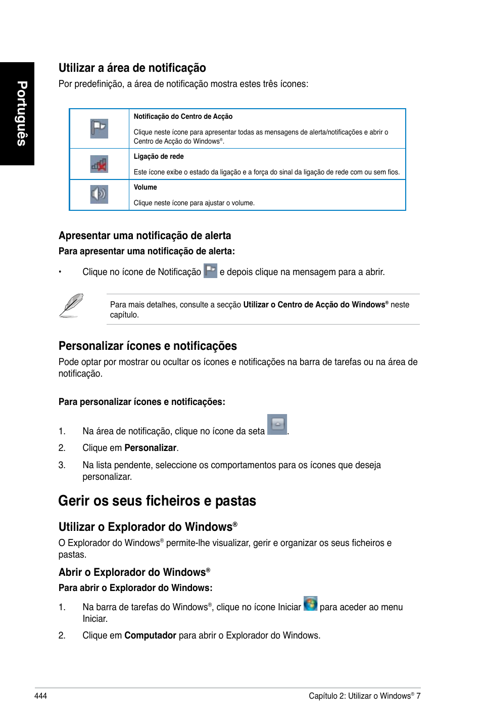 Gerir os seus ficheiros e pastas, Gerir os seus ficheiros e �as�as, Português | Ilizar a �rea de no�ificação, Personalizar ícones e no�ificações, Utili��ar o explorador do windows | Asus CM6870 User Manual | Page 446 / 494