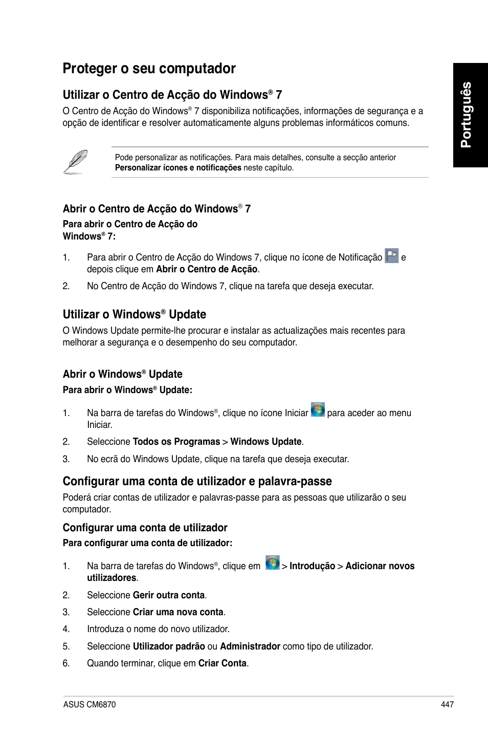 Proteger o seu computador, Português, Utili��ar o centro de acção do windows | Utili��ar o windows, Update, Configurar u�a con�a de u�ilizador e �ala�ra-�asse | Asus CM6870 User Manual | Page 449 / 494