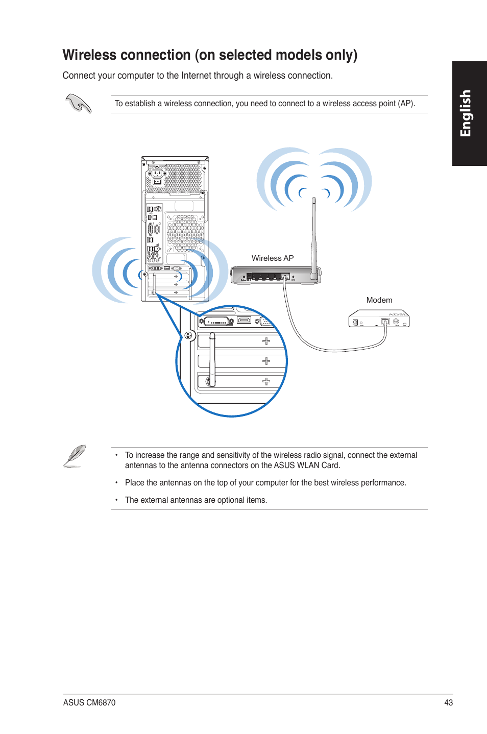 Wireless connection (on selected models only), English | Asus CM6870 User Manual | Page 45 / 494