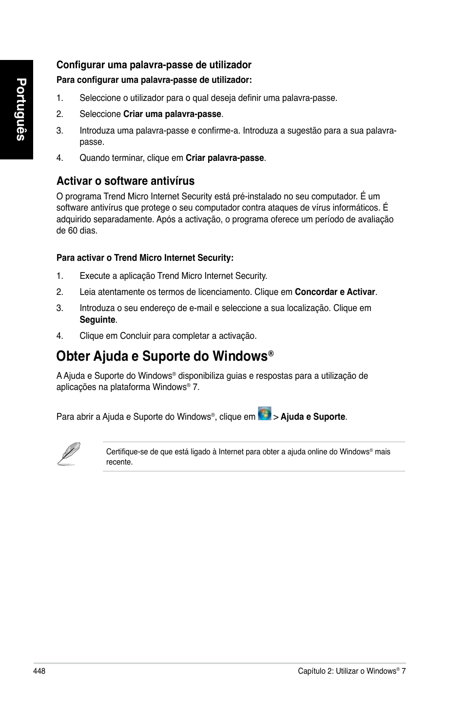 Obter ajuda e suporte do windows, Português, Activar o software antivírus | Asus CM6870 User Manual | Page 450 / 494