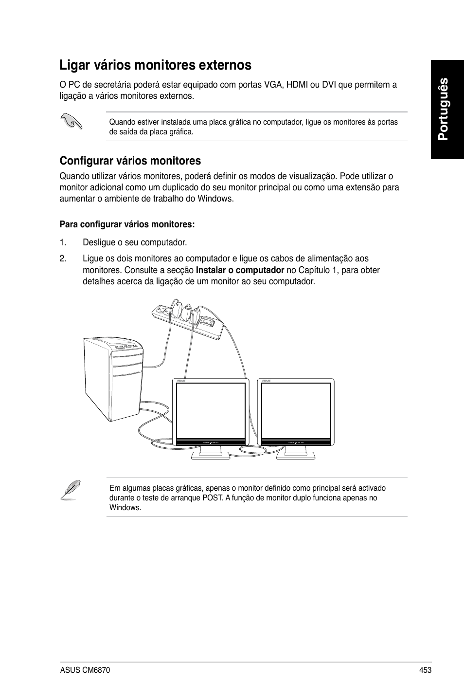 Ligar vários monitores externos, Português, Configurar ��rios �oni�ores | Asus CM6870 User Manual | Page 455 / 494