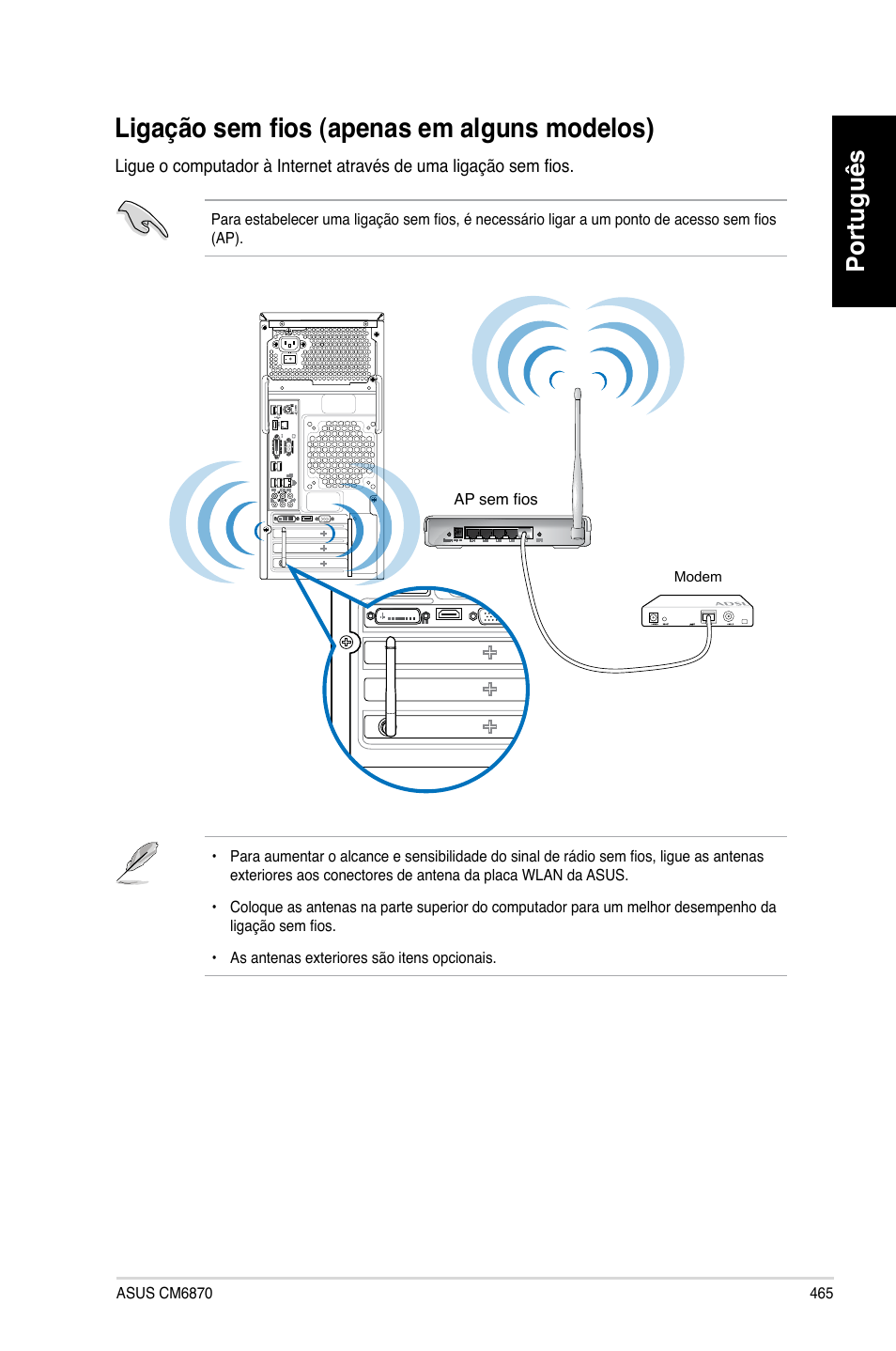 Ligação sem fios (apenas em alguns modelos), Ligação se� fios �a�enas e� alguns �odelos, Português | Asus CM6870 User Manual | Page 467 / 494