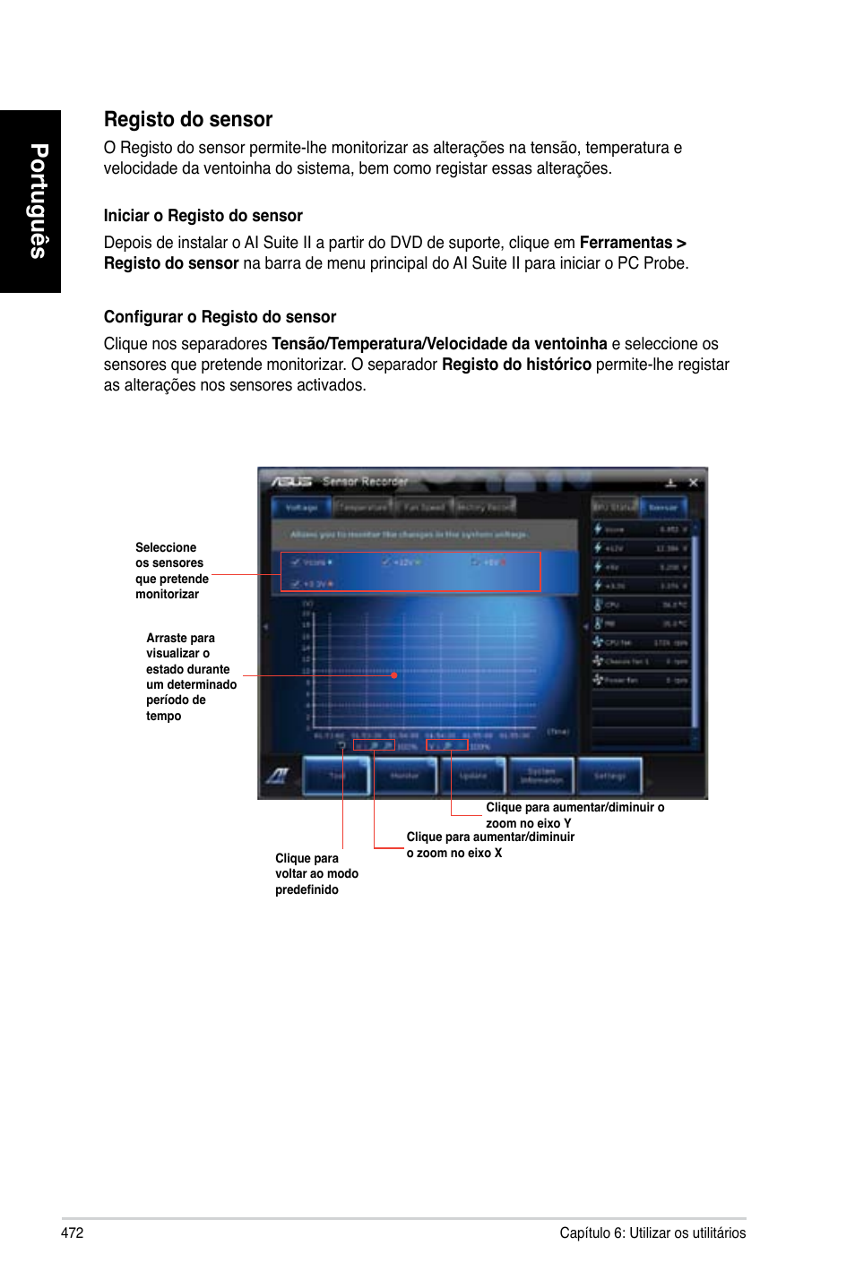 Português, Registo do sensor | Asus CM6870 User Manual | Page 474 / 494