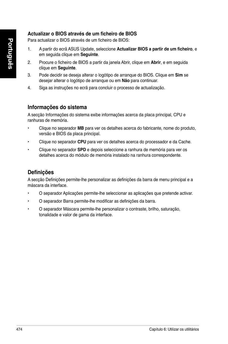 Português, Informações do sistema, Definições | Asus CM6870 User Manual | Page 476 / 494