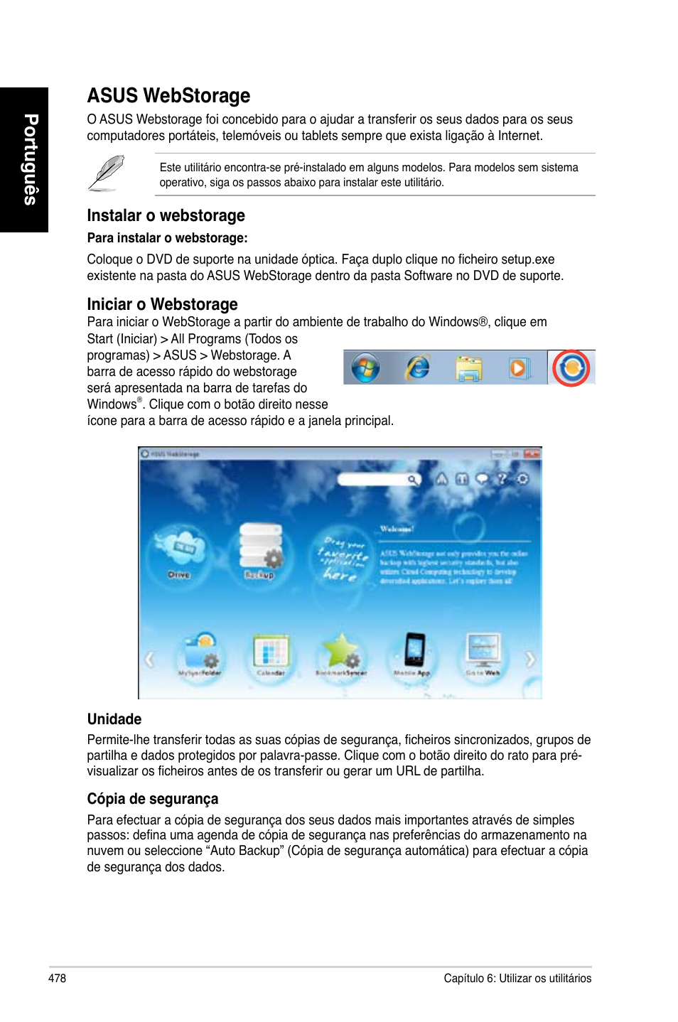 Asus webstorage, Português, Instalar o webstorage | Iniciar o webstorage | Asus CM6870 User Manual | Page 480 / 494