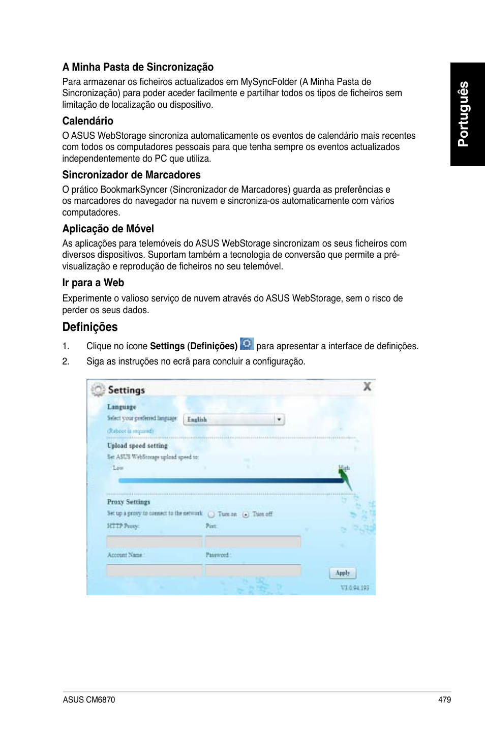 Português, Definições | Asus CM6870 User Manual | Page 481 / 494