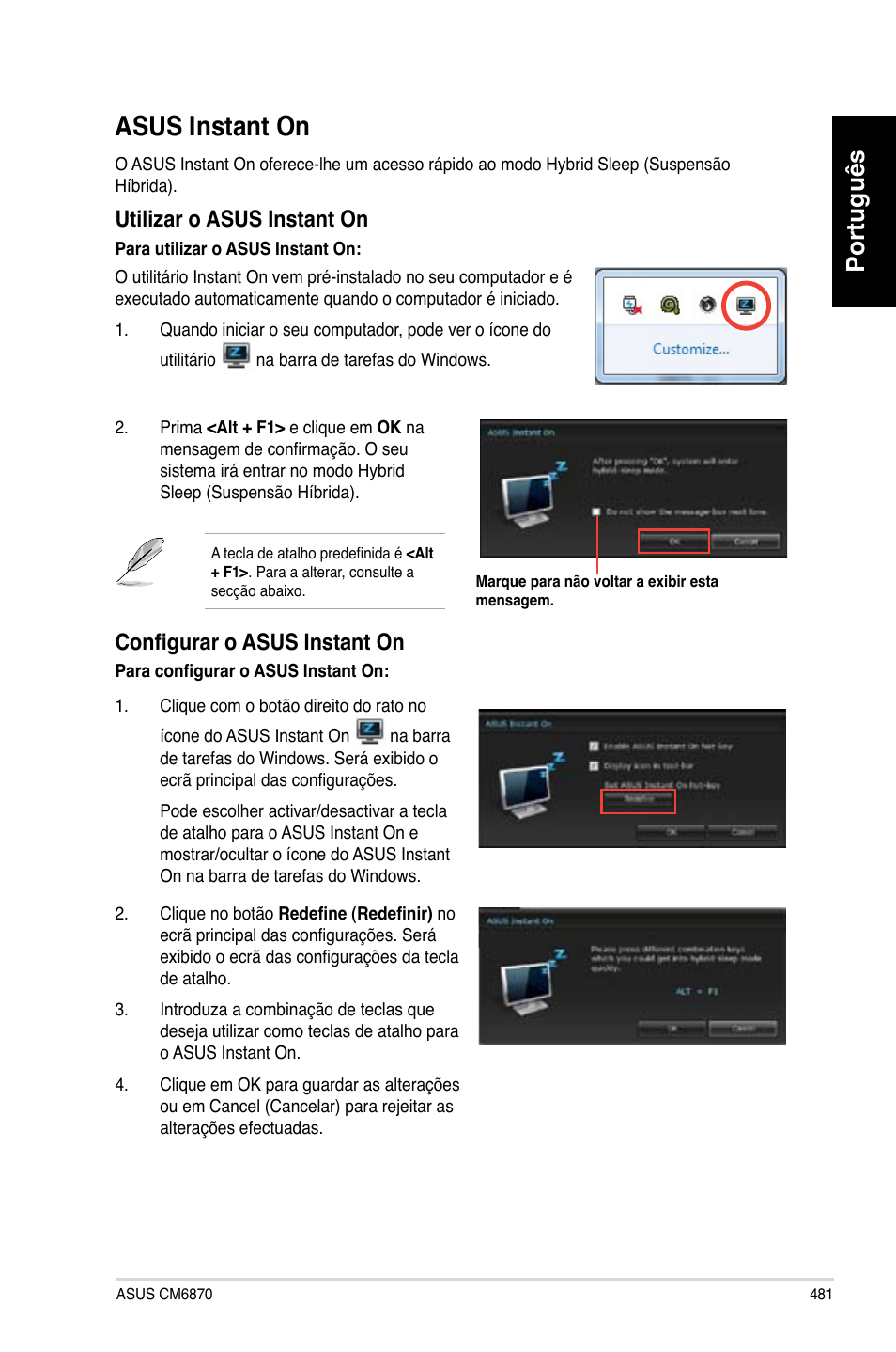 Asus instant on, Português, Utili��ar o asus instant on | Configurar o ���� ins�an� �n | Asus CM6870 User Manual | Page 483 / 494