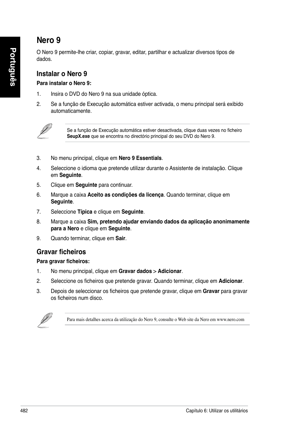 Nero 9, Português, Instalar o nero 9 | Gra�ar ficheiros | Asus CM6870 User Manual | Page 484 / 494