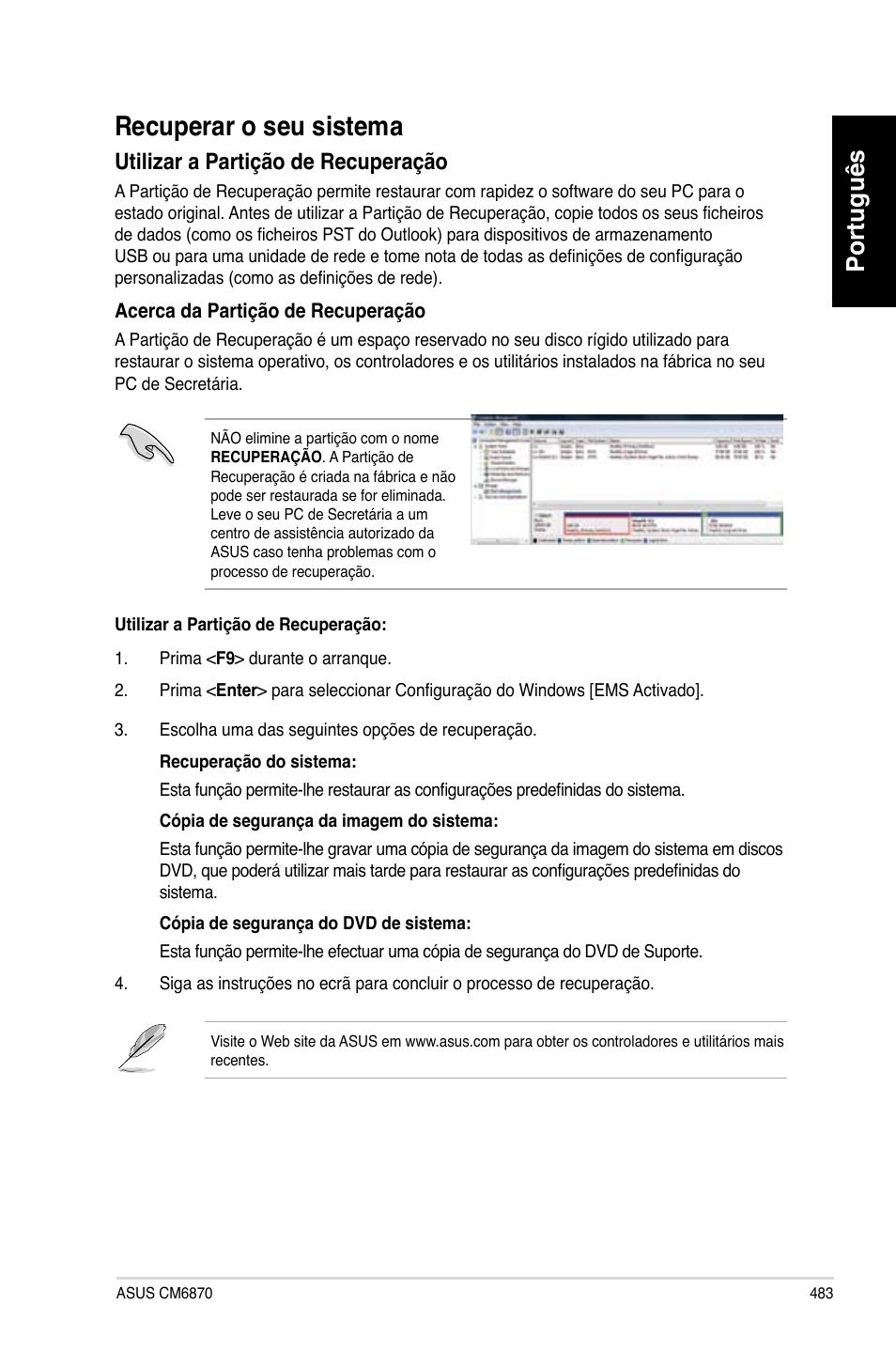 Recuperar o seu sistema, Português, Utili��ar a partição de recuperação | Asus CM6870 User Manual | Page 485 / 494