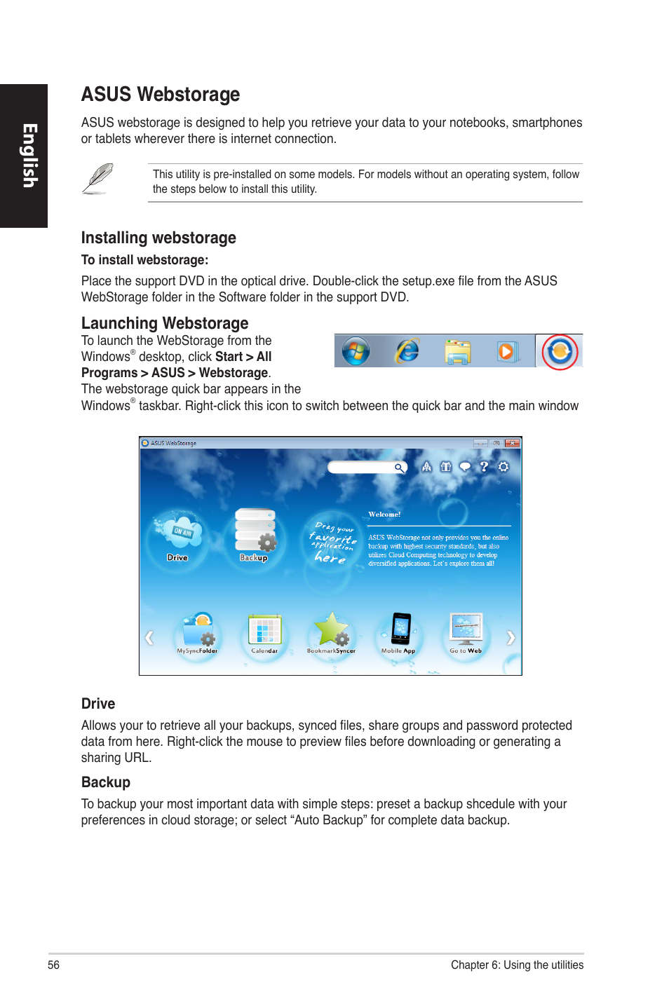 Asus webstorage, English, Asus.webstorage | Installing.webstorage, Launching.webstorage | Asus CM6870 User Manual | Page 58 / 494