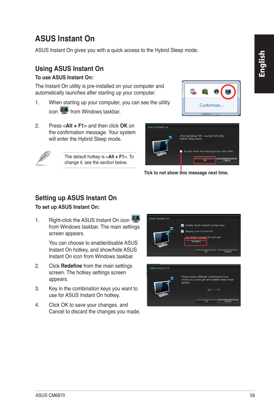 Asus instant on, English, English asus.instant.on | Using.asus.instant.on, Setting.up.asus.instant.on | Asus CM6870 User Manual | Page 61 / 494